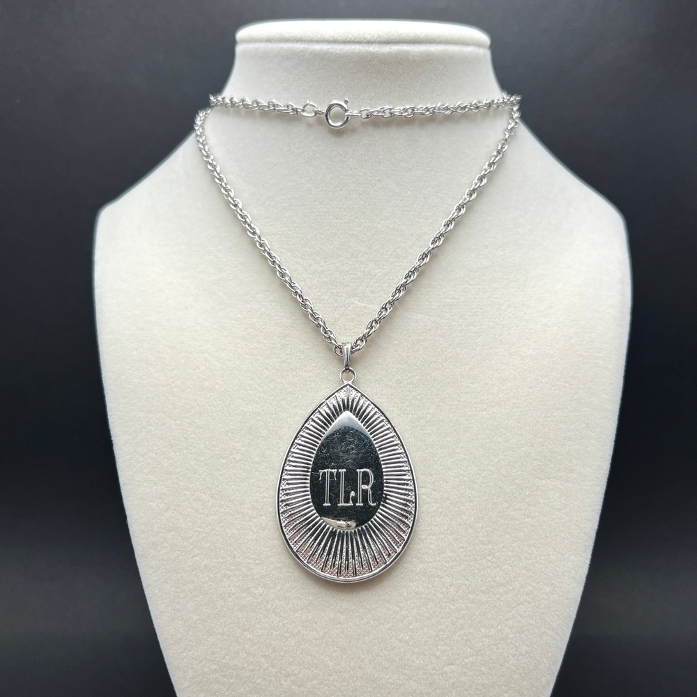 Vintage Coro Pegasus Monogram Pendant Necklace Silver Tone Teardrop Textured TLR